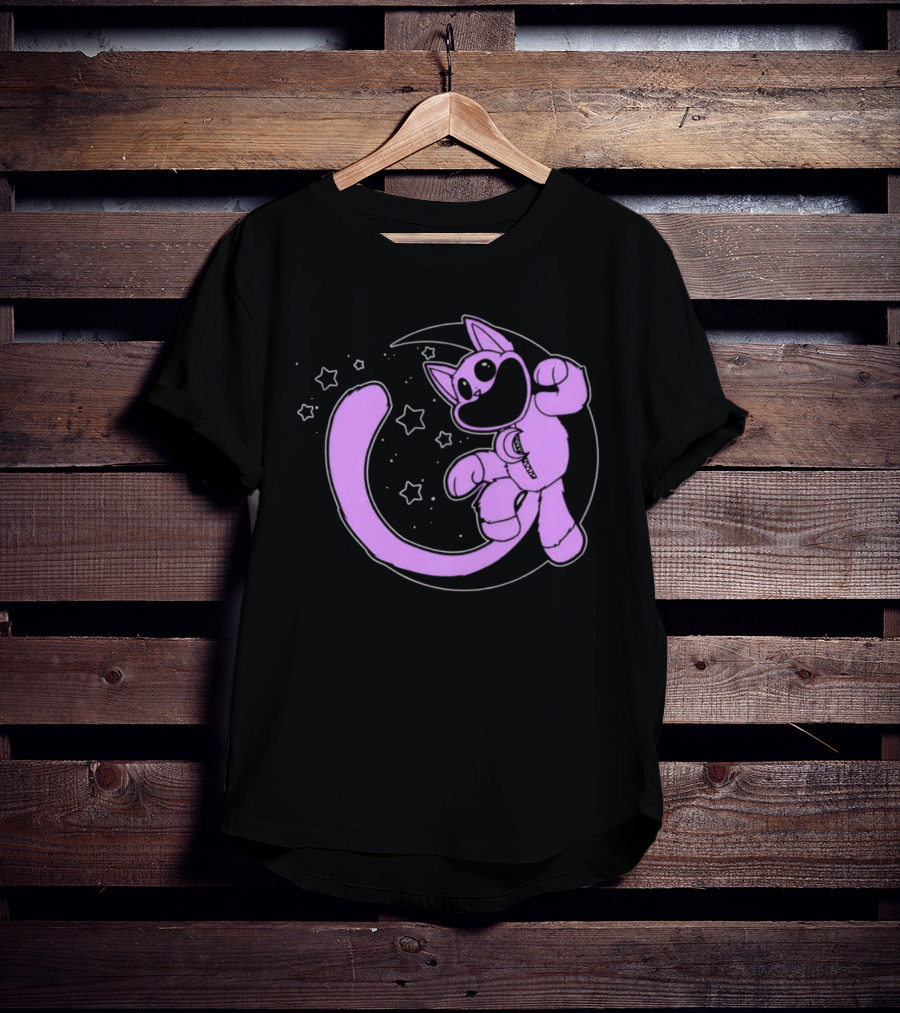 Purple Cartoon Cat With Stars And Moon T-Shirt