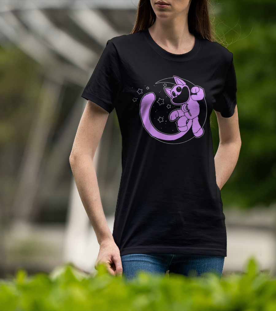 Purple Cartoon Cat With Stars And Moon T-Shirt