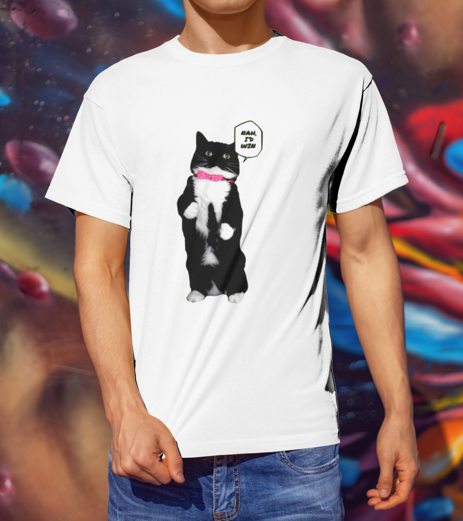 Nah I'd Win Cat Pink Collar Black And White Feline T-Shirt