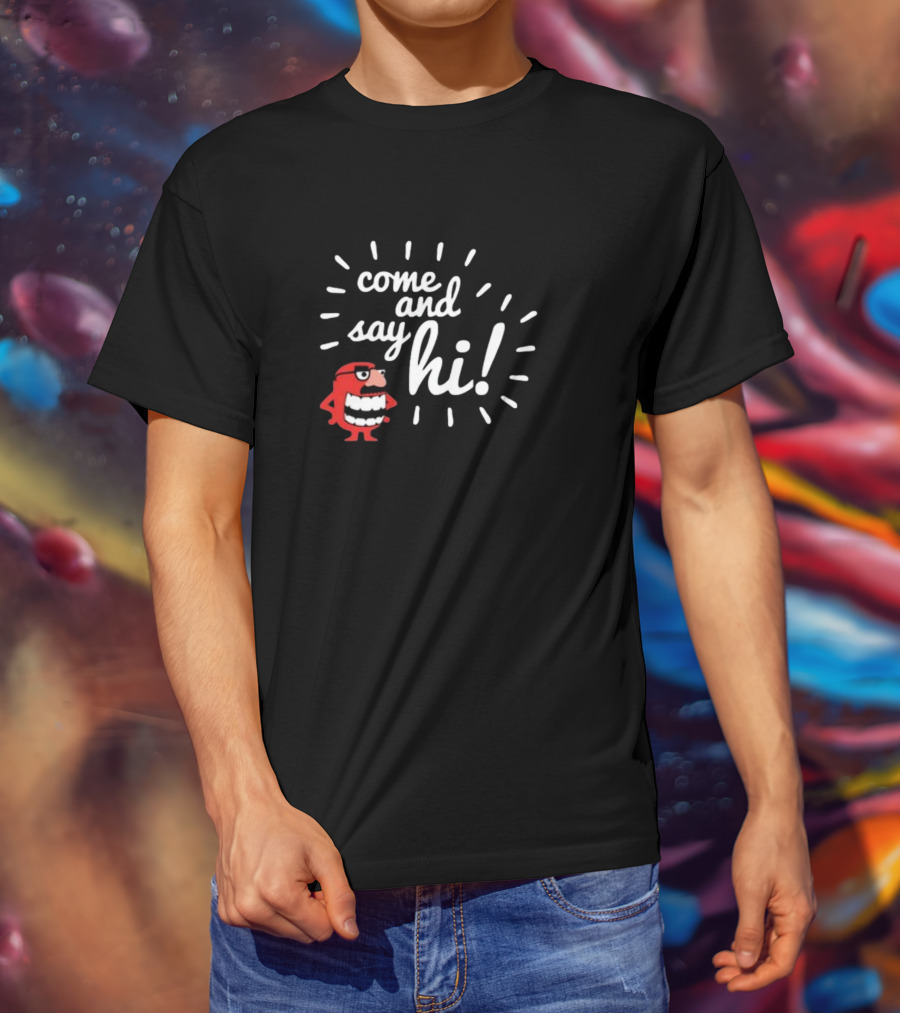 Ministryoftesting Come And Say Hi Red Cartoon Character T-Shirt
