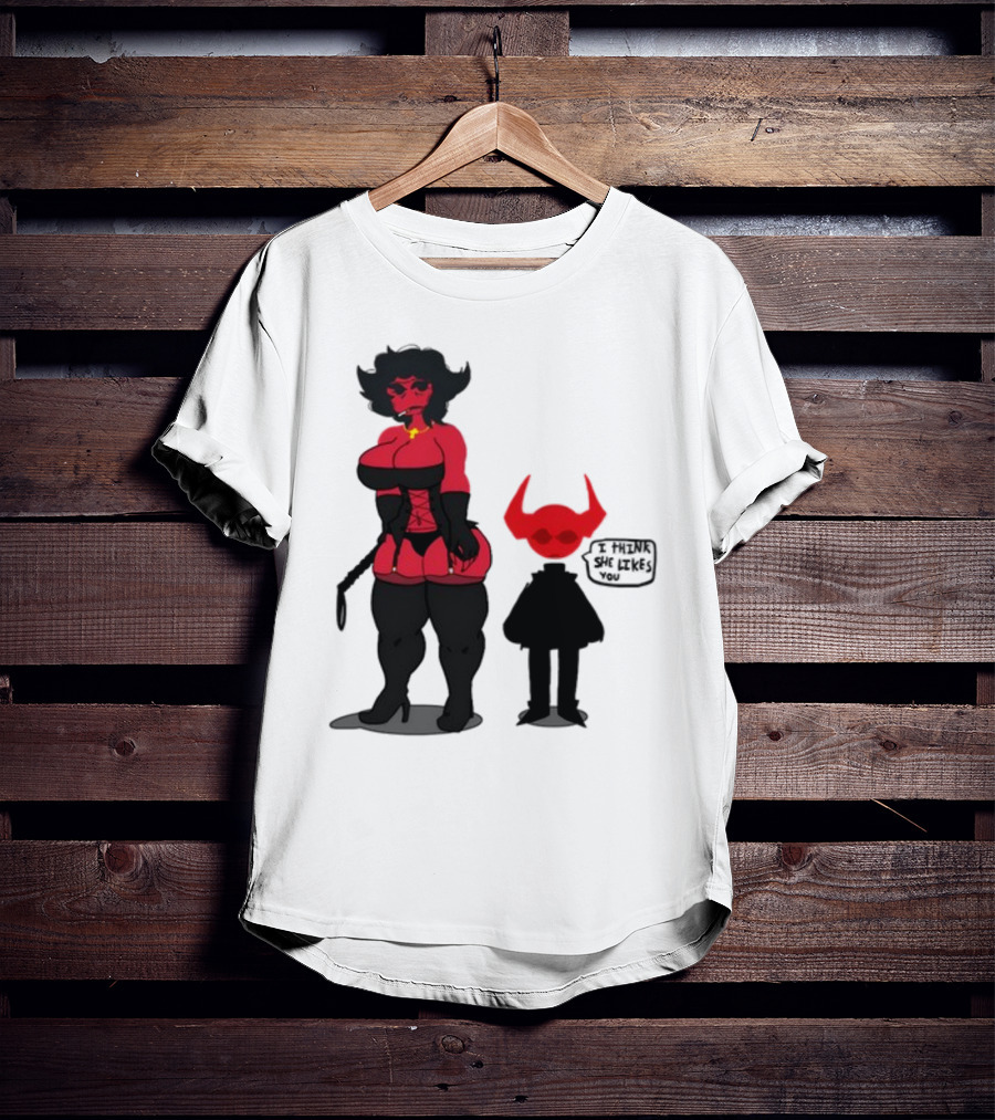 Thewboy Red Character With Devil Horns I Think She Likes You T-Shirt
