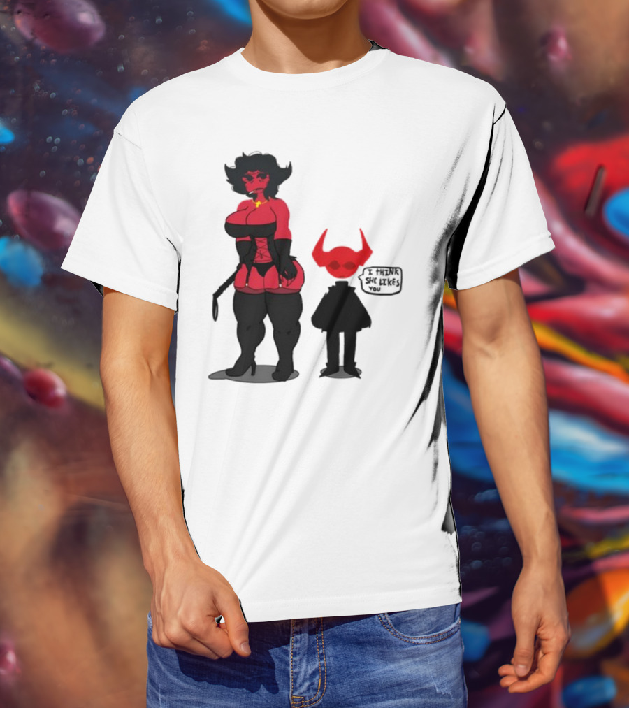 Thewboy Red Character With Devil Horns I Think She Likes You T-Shirt