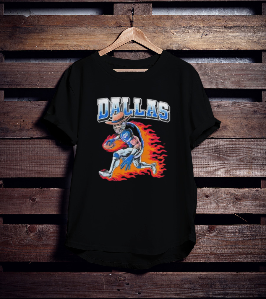 Dallas Cowboy Football Skeleton Player In Flames T-Shirt