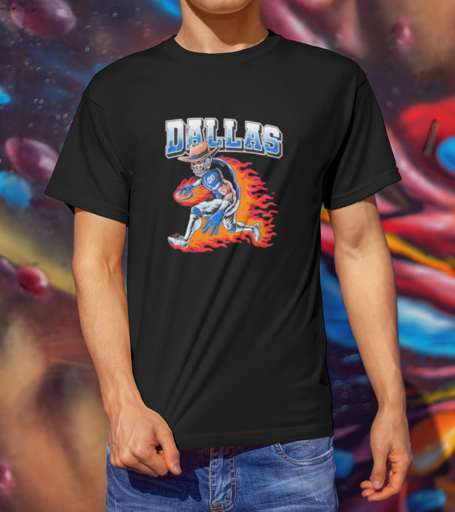 Dallas Cowboy Football Skeleton Player In Flames T-Shirt