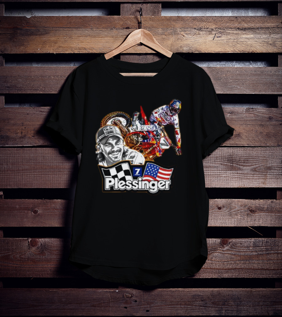 Plessinger American Motocross Racer With Flags And Checkered T-Shirt