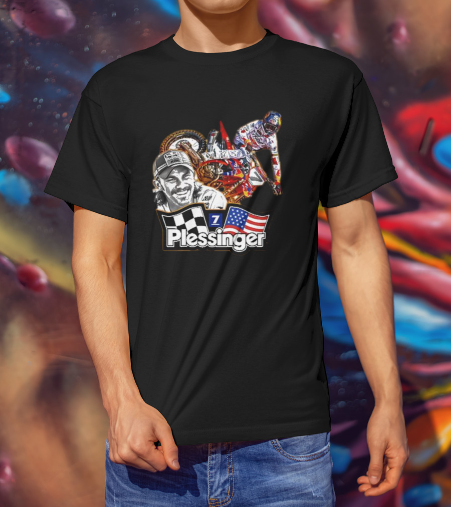 Plessinger American Motocross Racer With Flags And Checkered T-Shirt