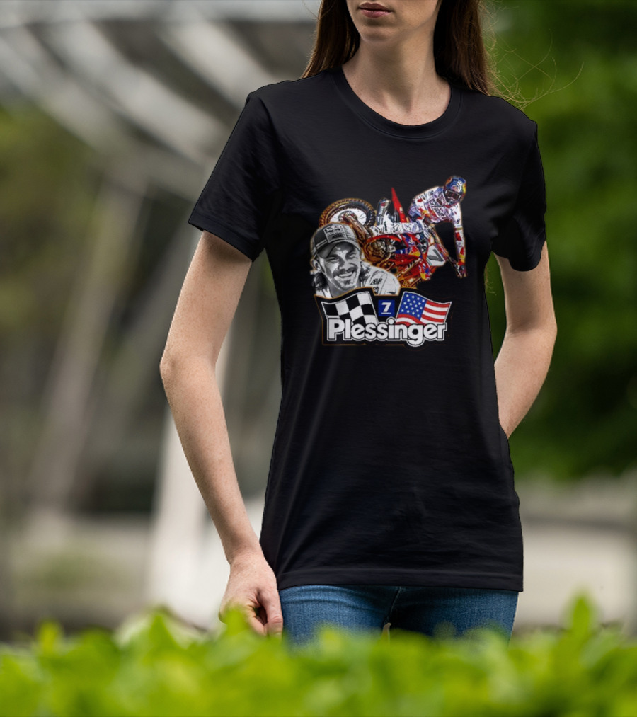 Plessinger American Motocross Racer With Flags And Checkered T-Shirt