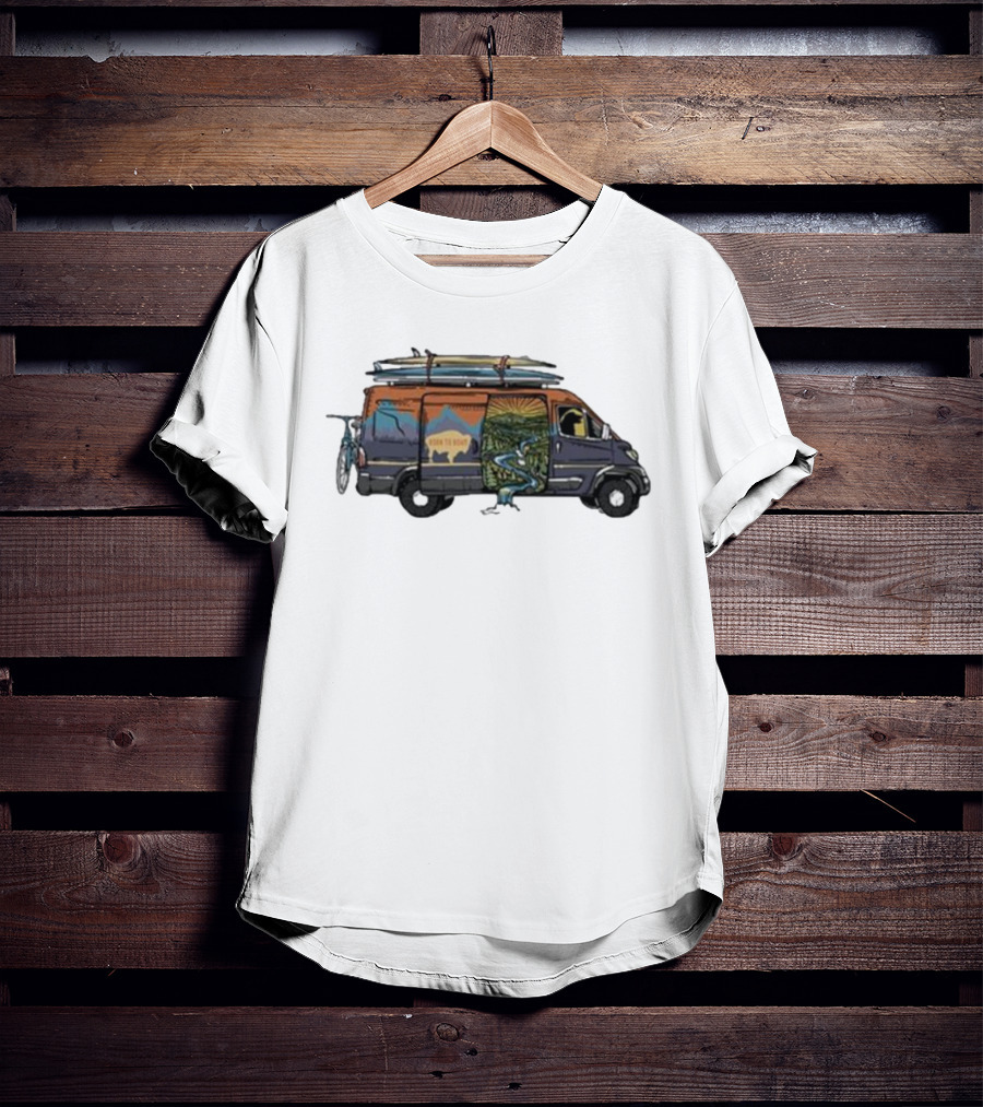 Born To Roam Adventure Camper With Surfboards And Bicycles T-Shirt