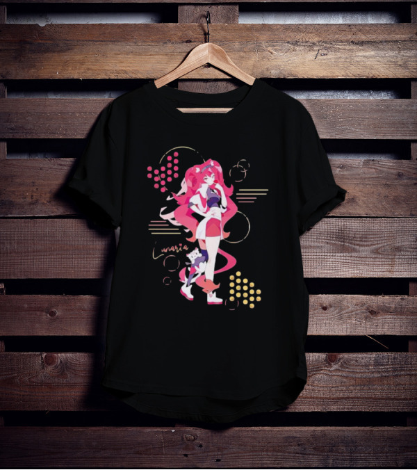 Lunaria Streetwear Pink Hair Girl With Cat And Circles T-Shirt