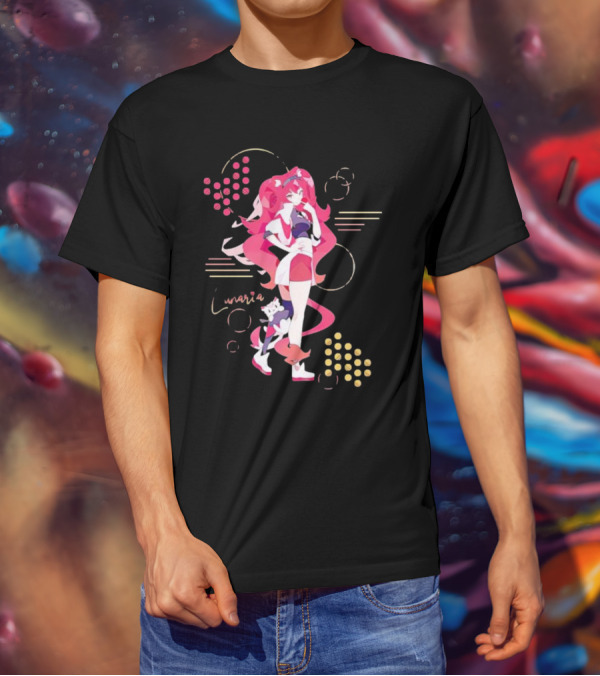 Lunaria Streetwear Pink Hair Girl With Cat And Circles T-Shirt