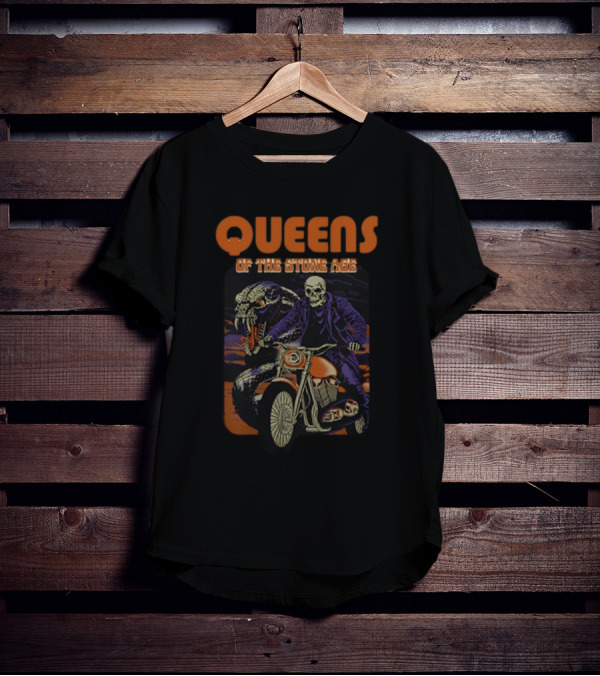 Queens Of The Stone Age Skeleton Biker With Snake Background T-Shirt