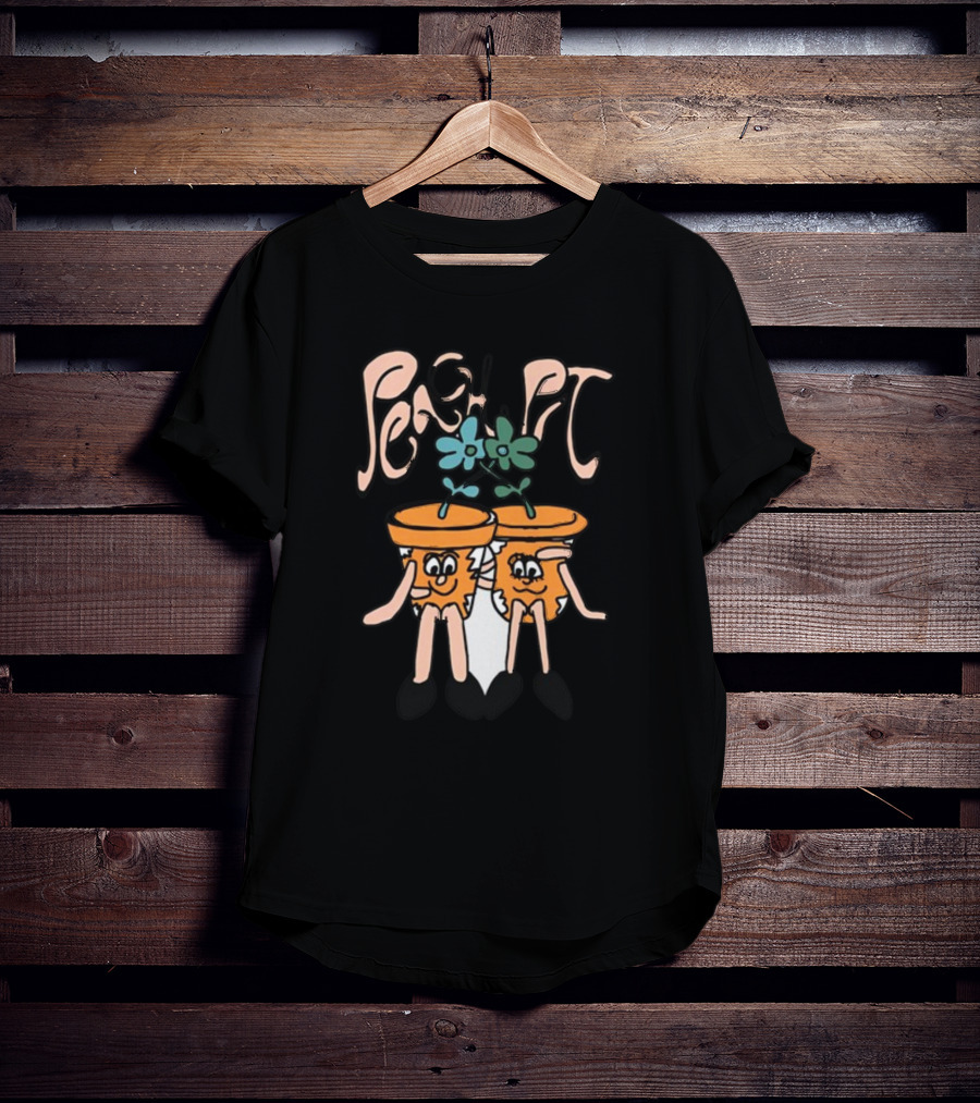Peach Pit Dancing Flower Pots Duo Playful Cartoon Typography T-Shirt