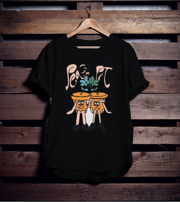 Peach Pit Dancing Flower Pots Duo Playful Cartoon Typography T-Shirt