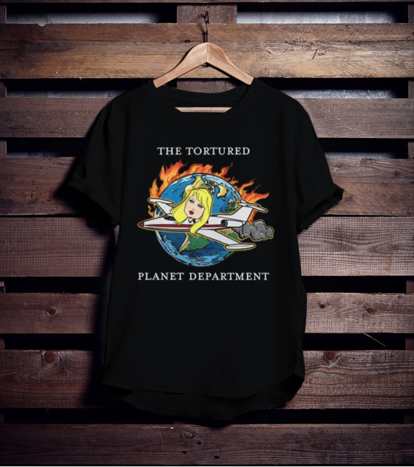THE TORTURED PLANET FLAMING GLOBE AIRPLANE CARICATURE DEPARTMENT T-Shirt