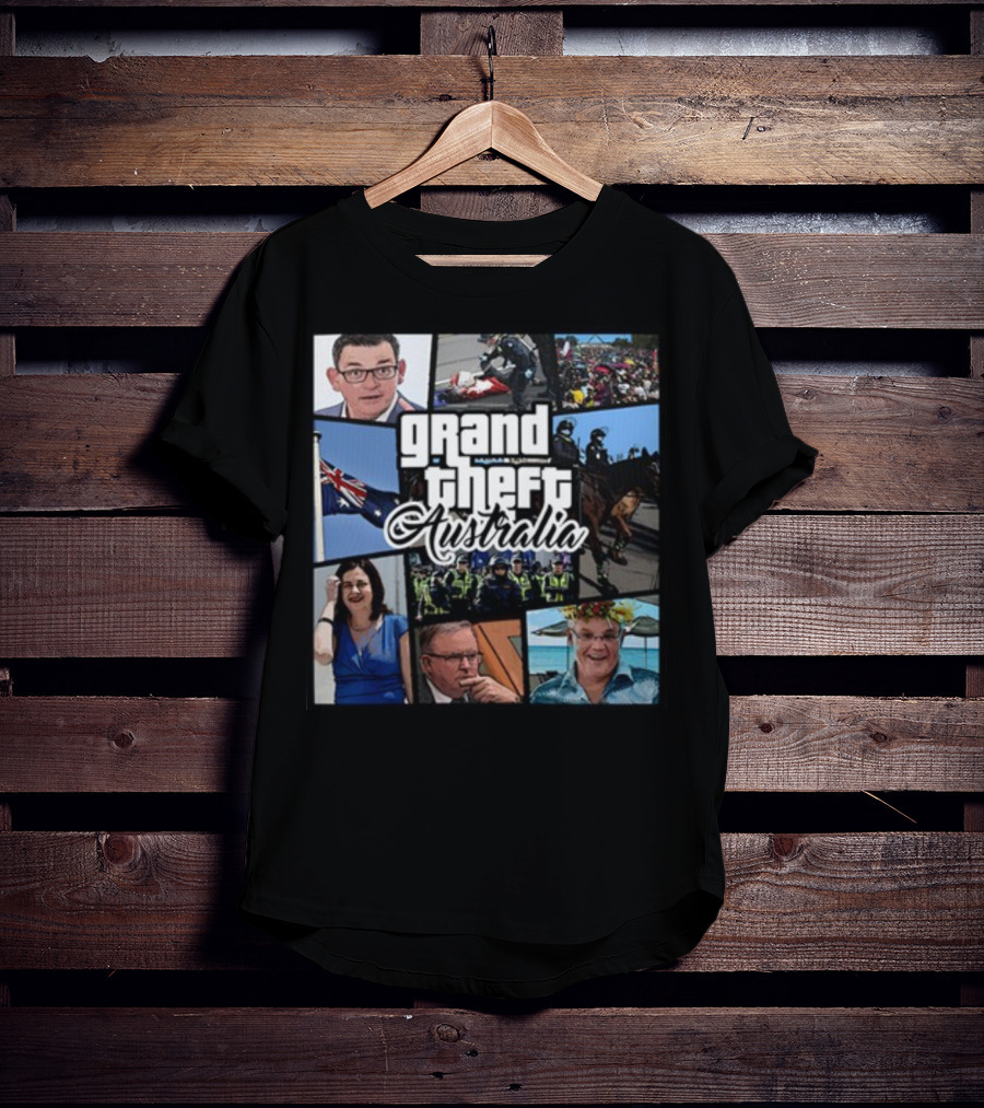 Grand Theft Australia Aussiebotstudio Political And Cultural Satire Collage T-Shirt