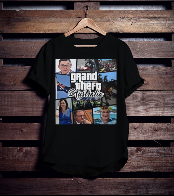 Grand Theft Australia Aussiebotstudio Political And Cultural Satire Collage T-Shirt