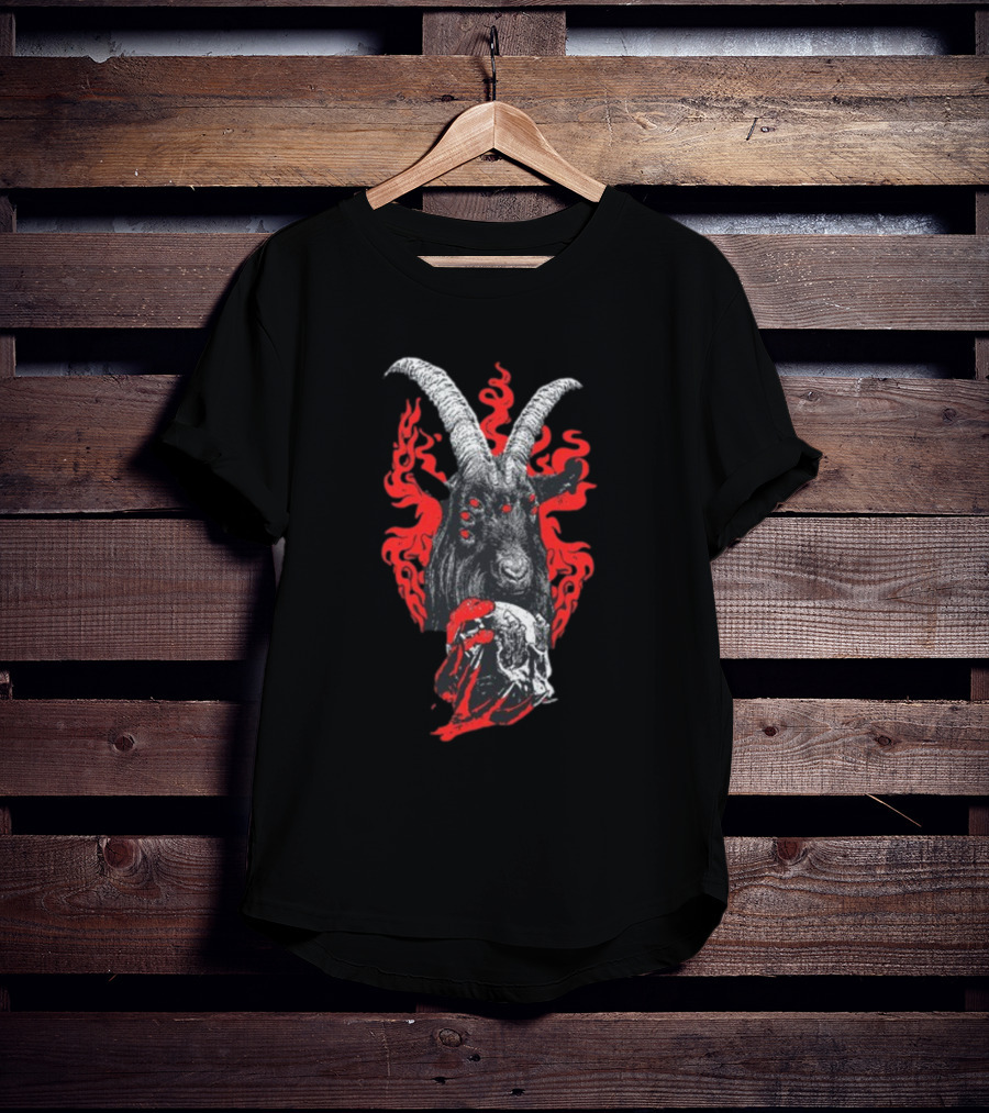Blackcraft Cult Baphomet Goat Devil Skull With Red Flames And Hexed Hooves T-Shirt