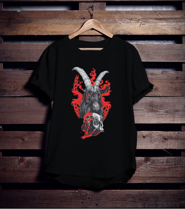 Blackcraft Cult Baphomet Goat Devil Skull With Red Flames And Hexed Hooves T-Shirt