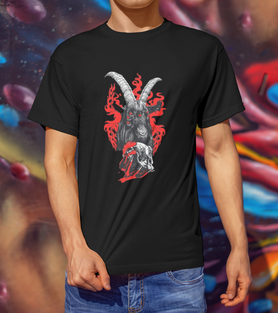Blackcraft Cult Baphomet Goat Devil Skull With Red Flames And Hexed Hooves T-Shirt
