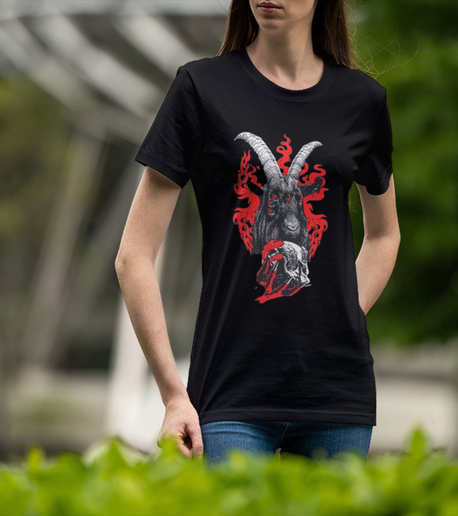 Blackcraft Cult Baphomet Goat Devil Skull With Red Flames And Hexed Hooves T-Shirt