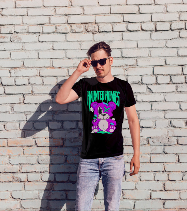 HAUNTED HOMIES Purple Teddy Bear Crossed Eye Patchwork T-Shirt