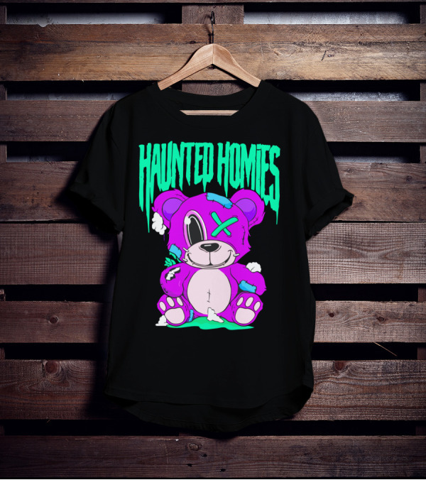 HAUNTED HOMIES Purple Teddy Bear Crossed Eye Patchwork T-Shirt