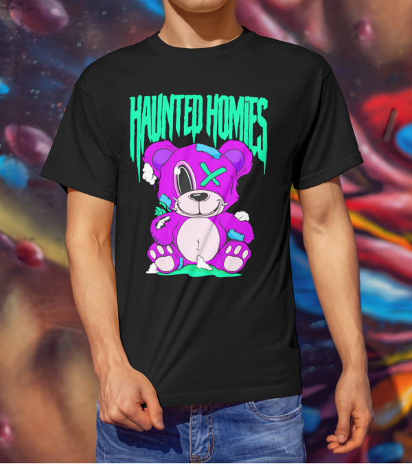 HAUNTED HOMIES Purple Teddy Bear Crossed Eye Patchwork T-Shirt