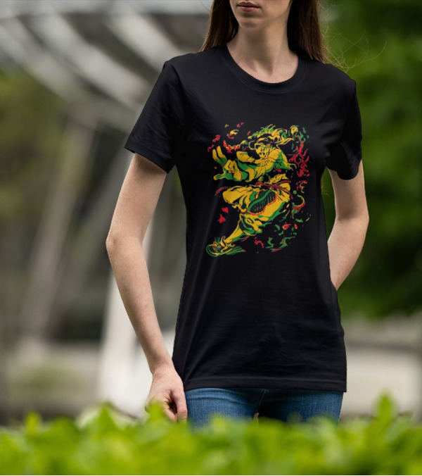 Theyetee Jamie Street Fighter Character Dynamic Pose With Colorful Energy Explosion T-Shirt