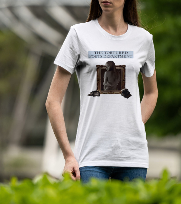 Chartsandshirts The Tortured Poets Department Framed Figure With Books And Typewriter T-Shirt