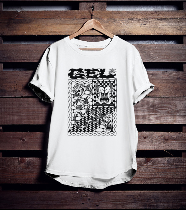 Gel Skull Chains Flames Checkered T-Shirt