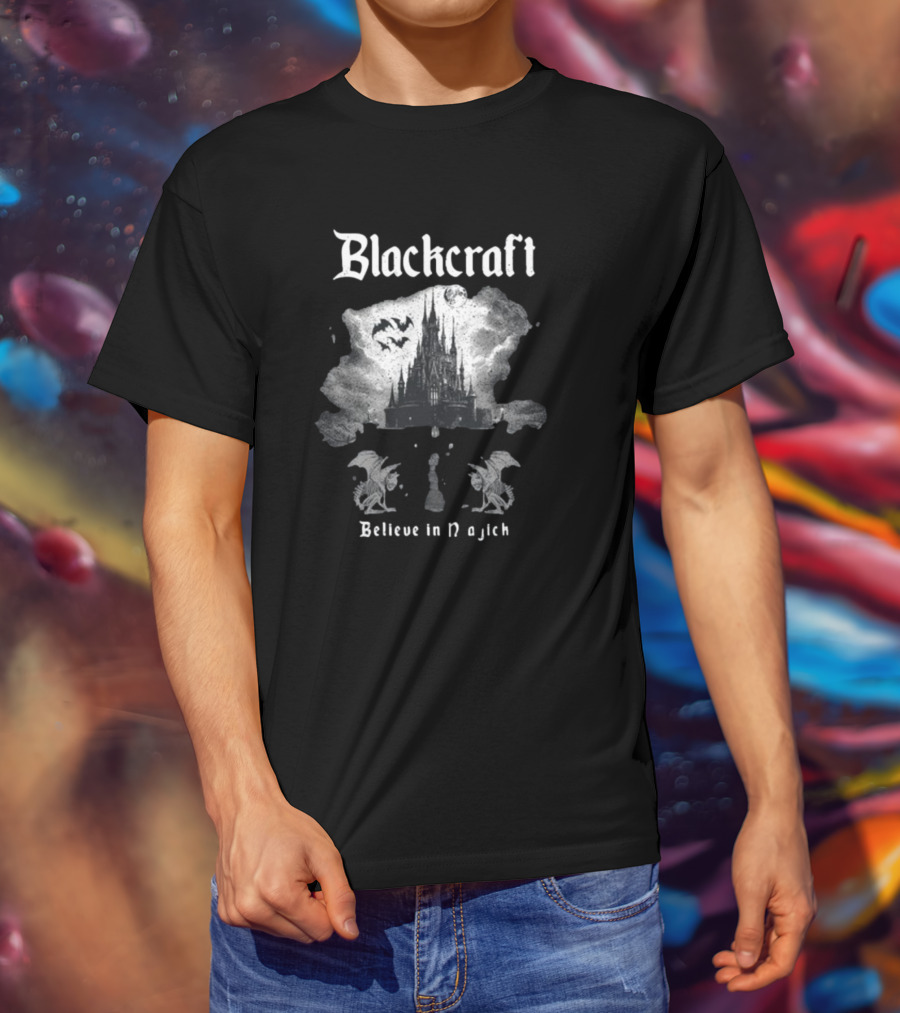 Blackcraft Believe In Magick Gothic Castle With Bats And Gargoyles T-Shirt