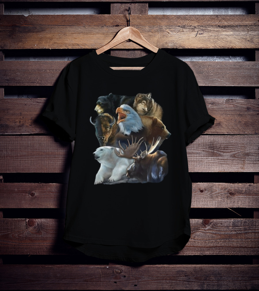 Wild Animal Collage Bear Wolf Eagle Moose Bison Polar Bear Crewneck T-Shirt