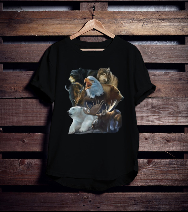 Wild Animal Collage Bear Wolf Eagle Moose Bison Polar Bear Crewneck T-Shirt