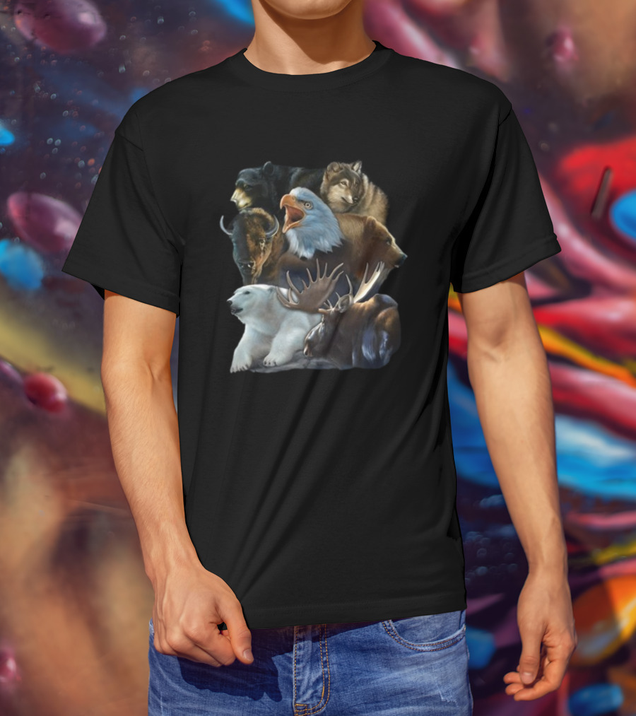 Wild Animal Collage Bear Wolf Eagle Moose Bison Polar Bear Crewneck T-Shirt