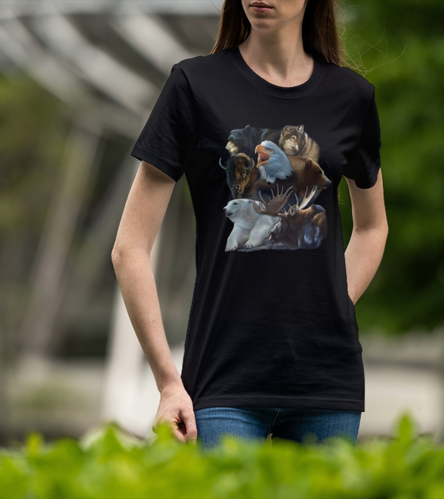 Wild Animal Collage Bear Wolf Eagle Moose Bison Polar Bear Crewneck T-Shirt