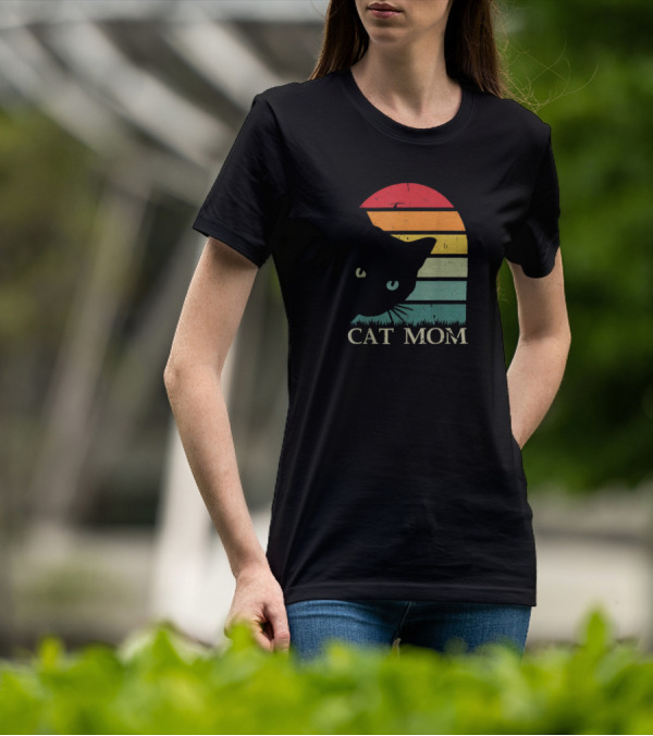 Vintage Cat Mom For Women Funny Cat Mom Mother Retro Sunset Cat T-Shirt