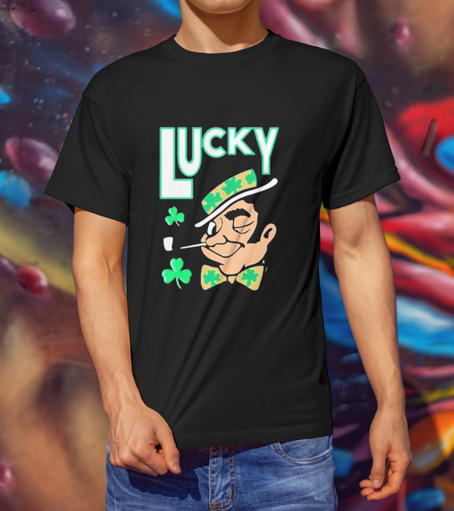 Boston Celtics Lucky The Leprechaun Shamrock Winking Pipe T-Shirt
