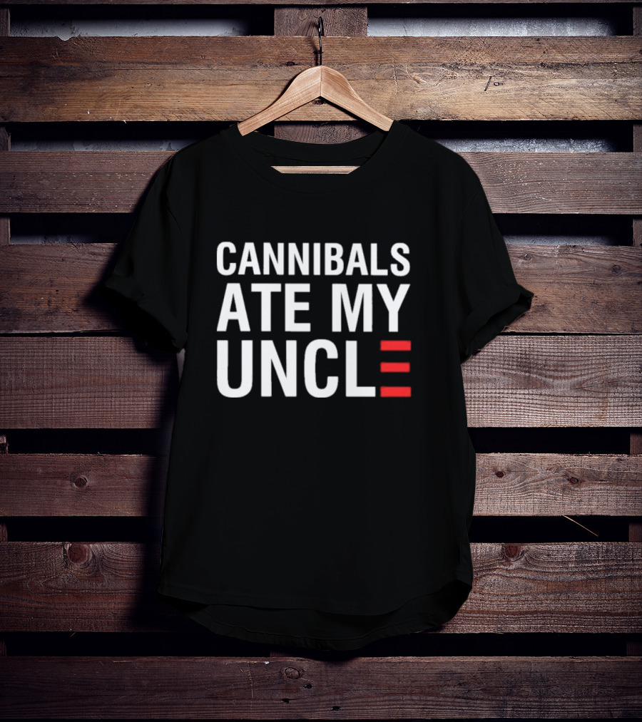 Cannibals Ate My Uncle White Text Red Stripes T-Shirt