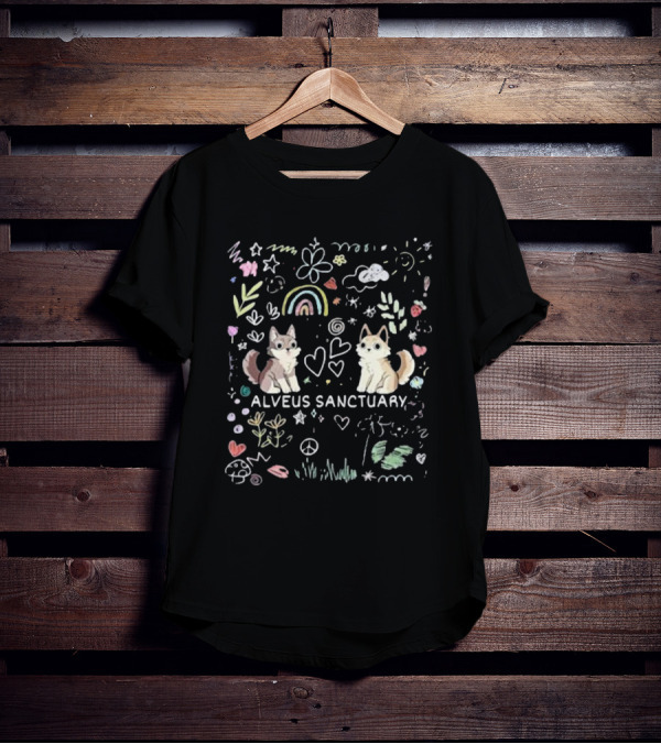 Alveus Sanctuary Wolf Doodle Rainbow Hearts Peace Signs Clouds Stars T-Shirt