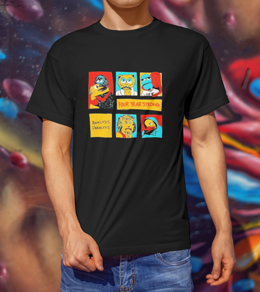 Four Year Strong Analysis Paralysis Characters In Colorful Panels T-Shirt