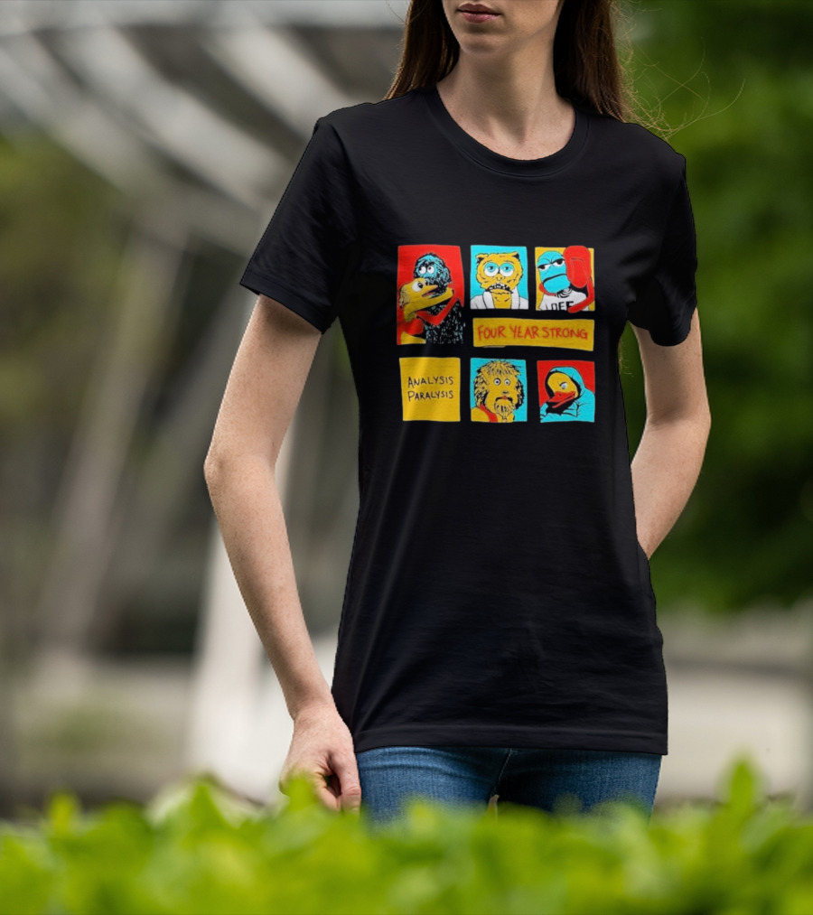 Four Year Strong Analysis Paralysis Characters In Colorful Panels T-Shirt