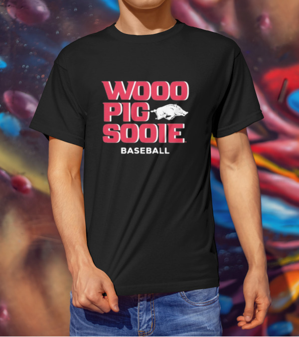 Wooo Pig Sooie Arkansas Baseball Black Pig T-Shirt