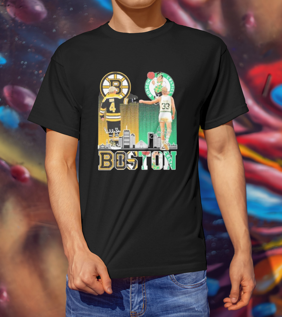 Bobby Orr Boston Bruins Larry Bird Boston Celtics Skyline Signatures Logos And Boston Text T-Shirt