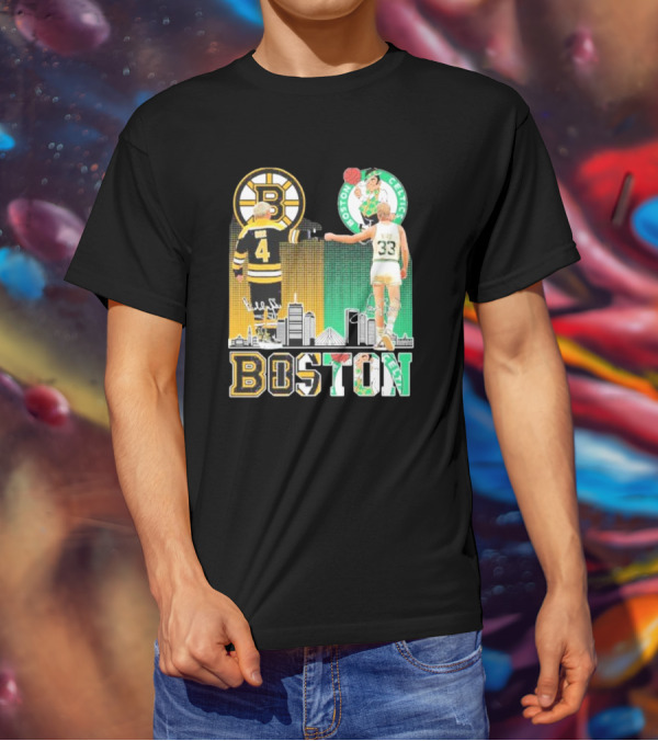 Bobby Orr Boston Bruins Larry Bird Boston Celtics Skyline Signatures Logos And Boston Text T-Shirt