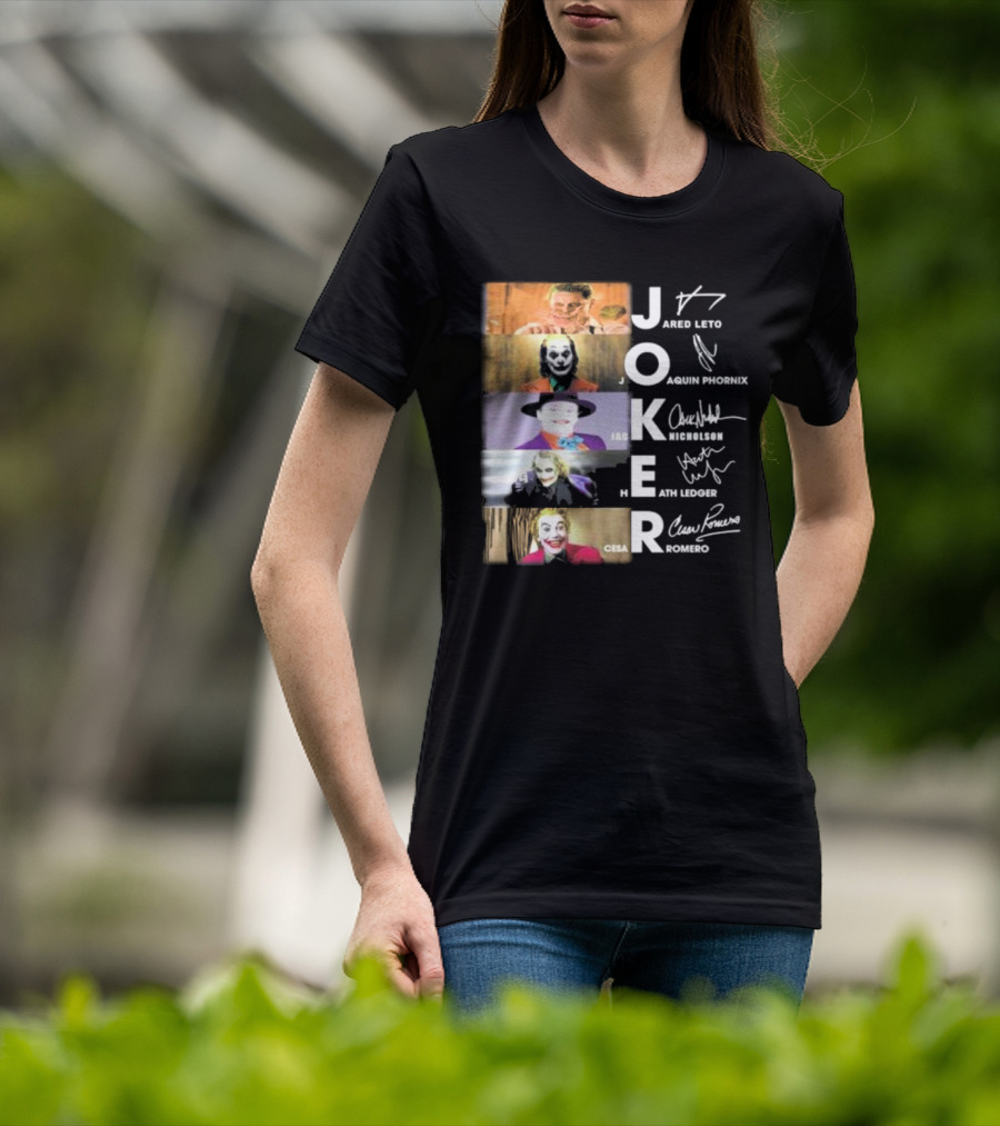Joker Jared Leto Joaquin Phoenix Jack Nicholson Heath Ledger Cesar Romero Signatures DC Comics Movies All Stars Eras T-Shirt
