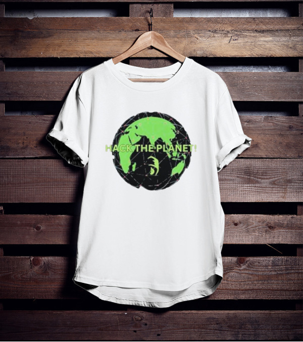 Hack The Planet Green And Black Globe Motif T-Shirt