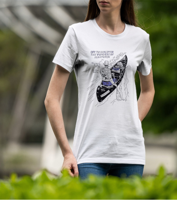 Off To Discover The Wonders Of Serotonin Adventure In Psychedelic Canoe With Molecule Diagram T-Shirt