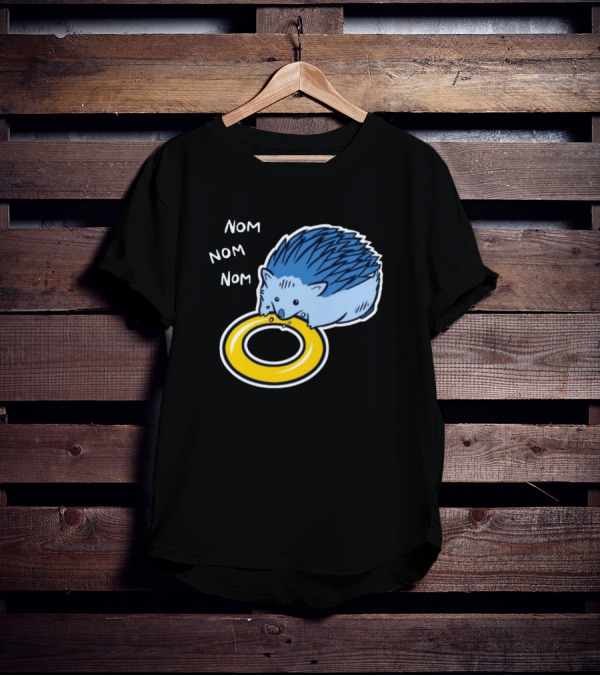 Sam Logan Hungry Blue Hedgehog Nom Nom Nom Eating Yellow Ring T-Shirt