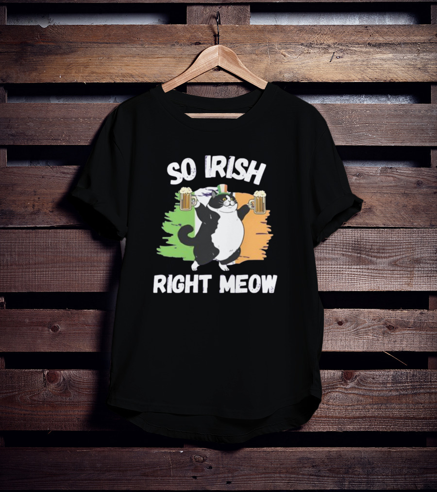 So Irish Right Meow Cat Holding Beer With Irish Flag In Background T-Shirt