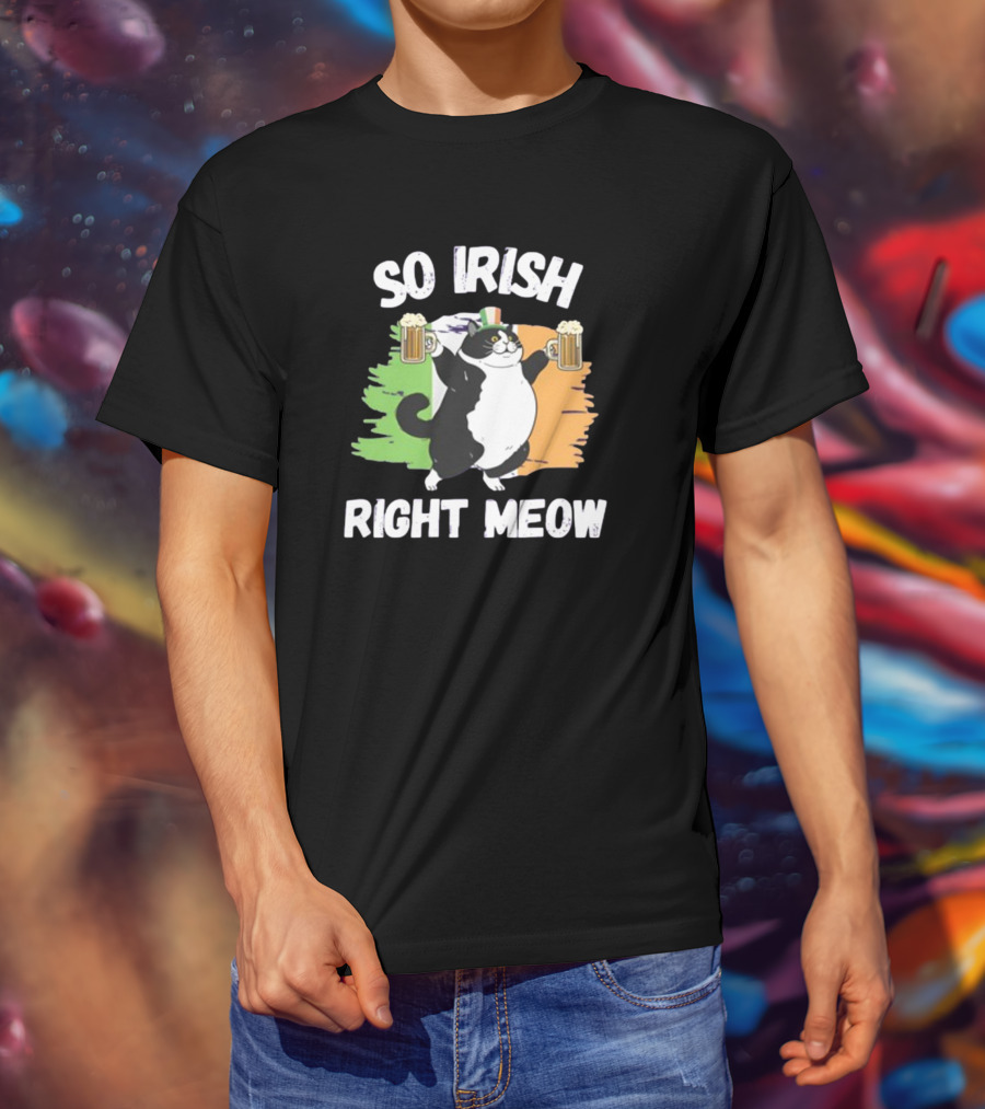 So Irish Right Meow Cat Holding Beer With Irish Flag In Background T-Shirt